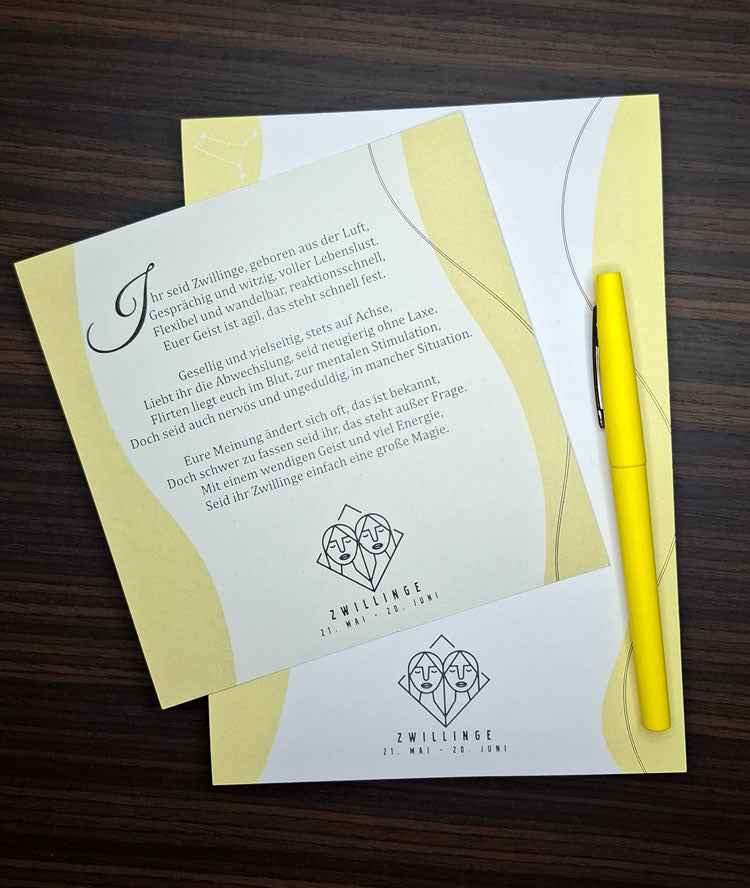 Sternzeichen ZWILLINGE Notizblock A5 inkl. Grußkarte