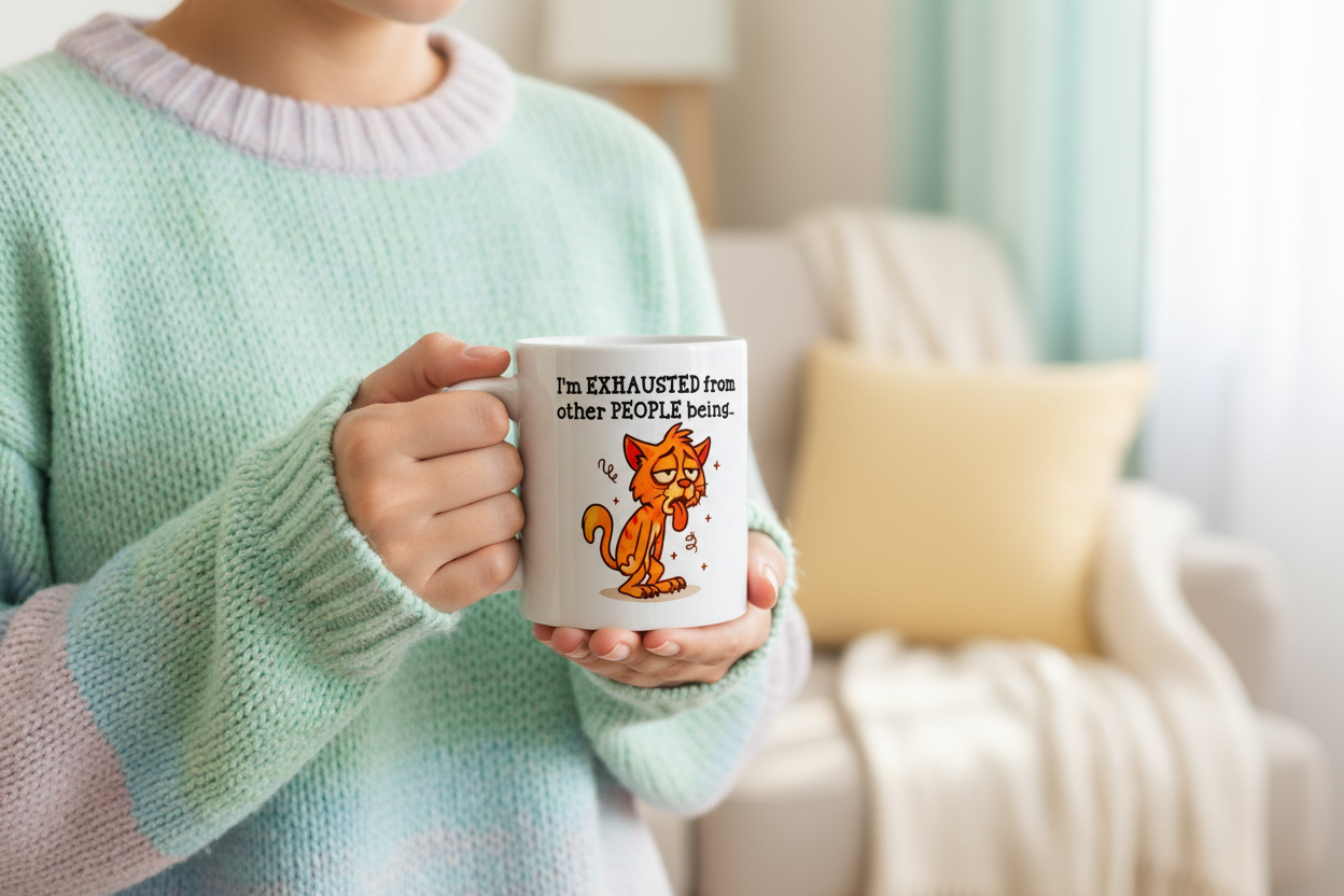 Lustige Katzen Tasse - „Ich bin erschöpft von anderen Menschen“ - Geschenk für Büro, Home Office & Katzenfans