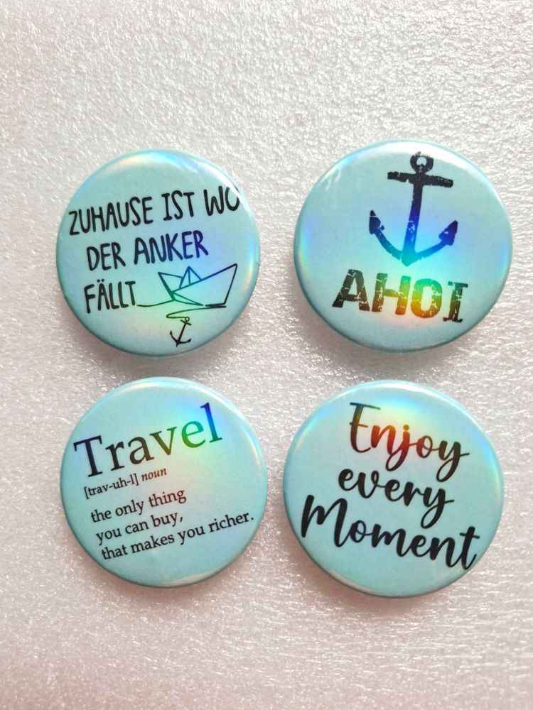 Ansteck-Button "Reiselust" – 4 maritime Motive | 44 mm | Sicherheitsnadel | Individuell oder als Set