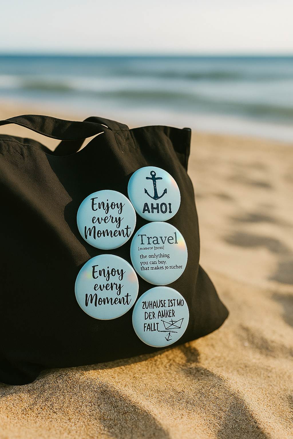 Ansteck-Button "Reiselust" – 4 maritime Motive | 44 mm | Sicherheitsnadel | Individuell oder als Set