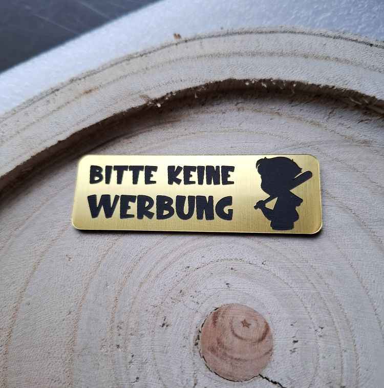Edles Lasergravur Schild „Bitte keine Werbung“ für Briefkästen, 75x25mm - in Gold, Roségold, Silber & Weiß