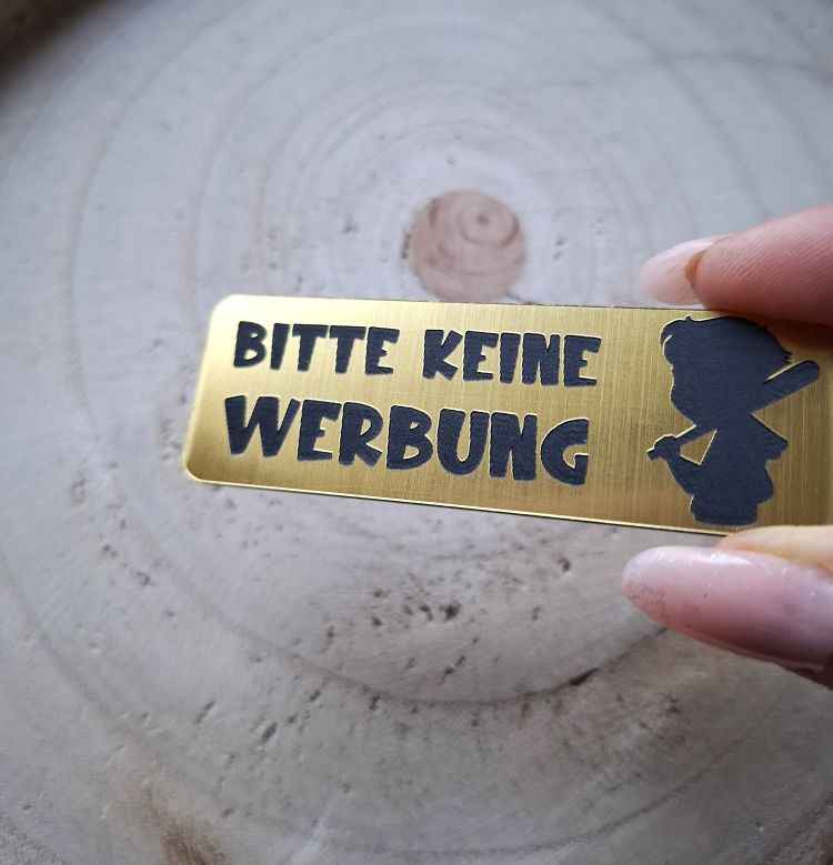 Edles Lasergravur Schild „Bitte keine Werbung“ für Briefkästen, 75x25mm - in Gold, Roségold, Silber & Weiß
