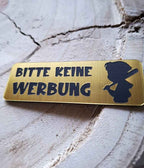 Edles Lasergravur Schild „Bitte keine Werbung“ für Briefkästen, 75x25mm - in Gold, Roségold, Silber & Weiß