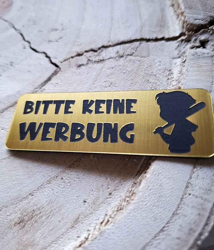Edles Lasergravur Schild „Bitte keine Werbung“ für Briefkästen, 75x25mm - in Gold, Roségold, Silber & Weiß