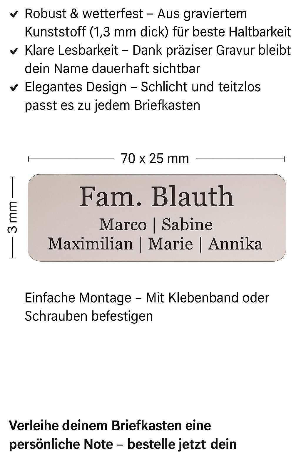 Briefkastenschild mit Gravur – Personalisiertes Namensschild für Familien | 70x25 mm