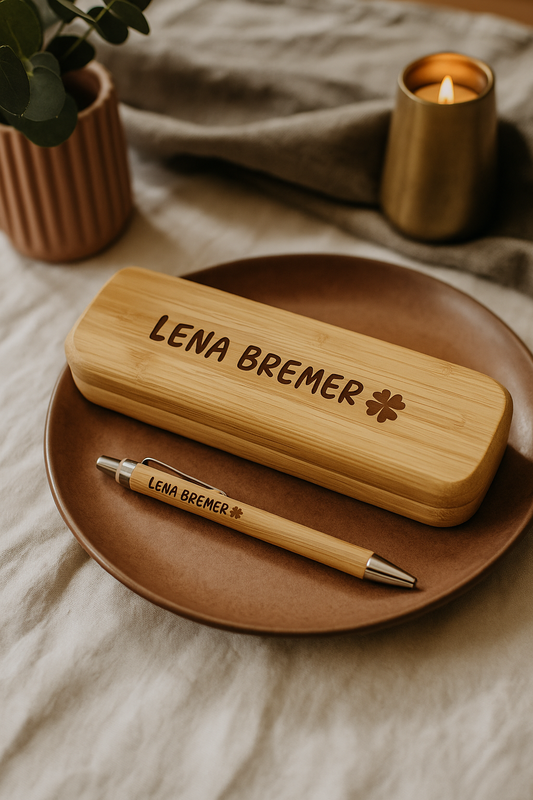 Schreibset mit Kleeblatt-Gravur | Personalisiertes Geschenk in Holzbox