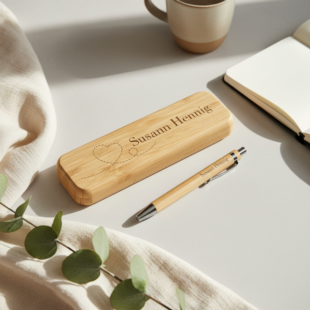 Schreibset mit Gravur – Personalisierter Holzkugelschreiber mit Holzbox | Edles Geschenk aus Bambus
