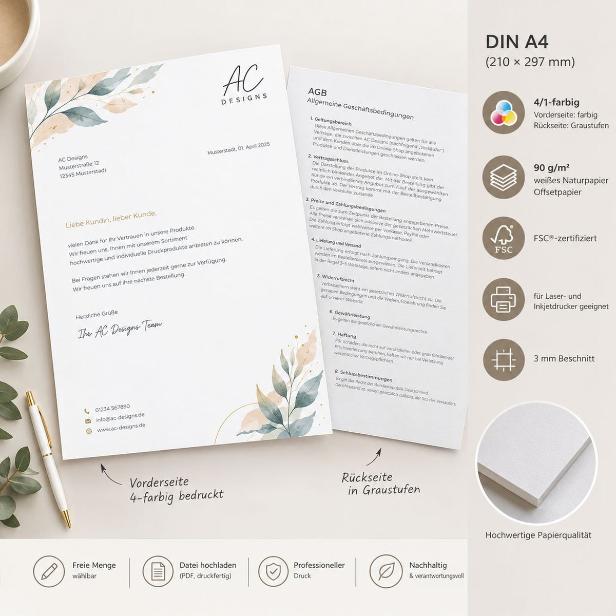 Briefpapier DIN A4 drucken lassen – 4/1-farbig auf weißem Naturpapier