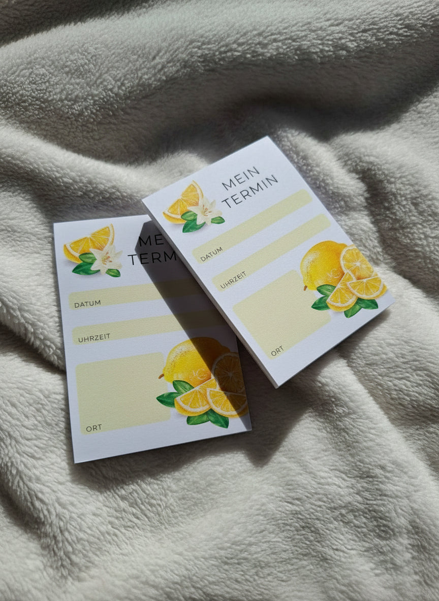 Schreibblock TERMIN mit Zitronen-Motiv - A7 Notizblock aus Naturpapier (120g) | Frisches Design für Termine, To-dos & kreative Ideen