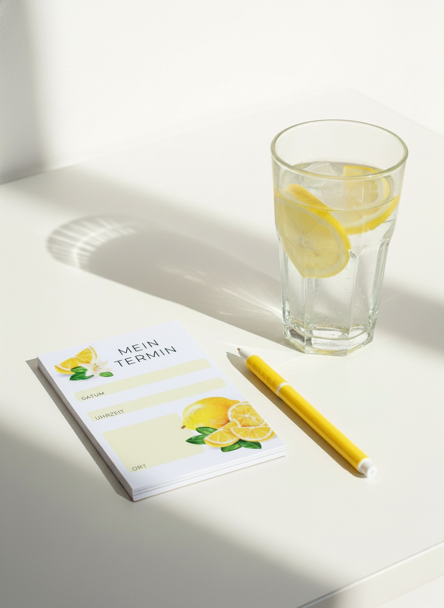 Schreibblock TERMIN mit Zitronen-Motiv - A7 Notizblock aus Naturpapier (120g) | Frisches Design für Termine, To-dos & kreative Ideen