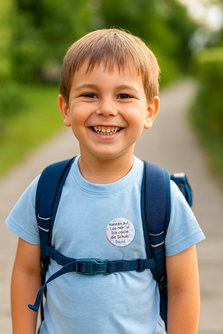 Personalisiertes Einschulungs-Button mit Namen – Lustiger Spruch & Glitzer-Effekt
