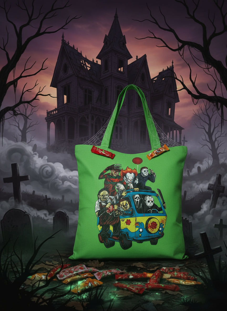 Baumwolltasche in Grün, verziert mit Halloween-Monstern, perfekt für das Sammeln von Süßigkeiten an Halloween.