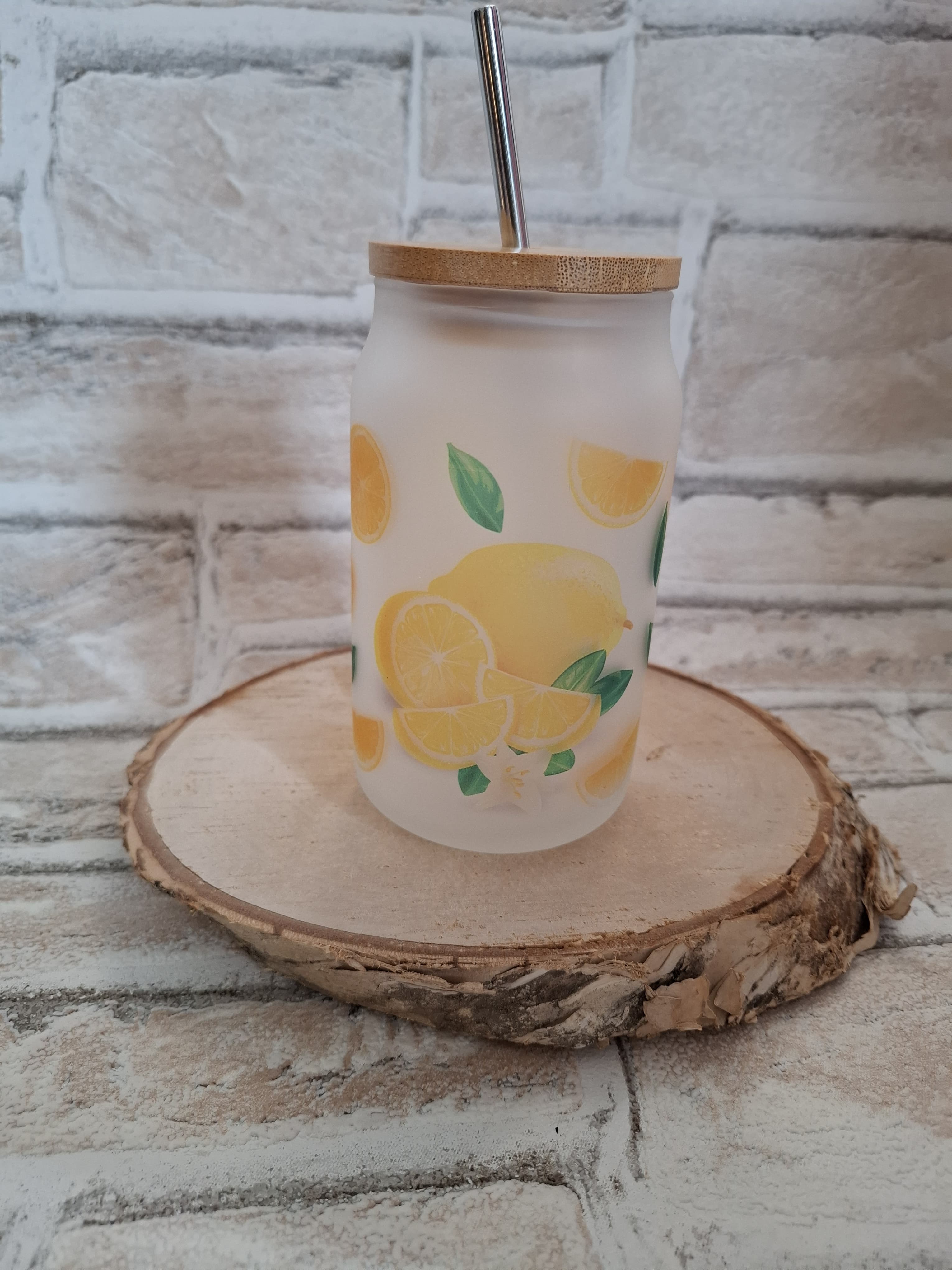 Zitronen-Motiv Glas mit Bambusdeckel & Edelstahlhalm – 400 ml Spaß für Smoothies & Co.! - AC Designs