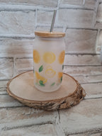 Zitronen-Motiv Glas mit Bambusdeckel & Edelstahlhalm – 400 ml Spaß für Smoothies & Co.! - AC Designs