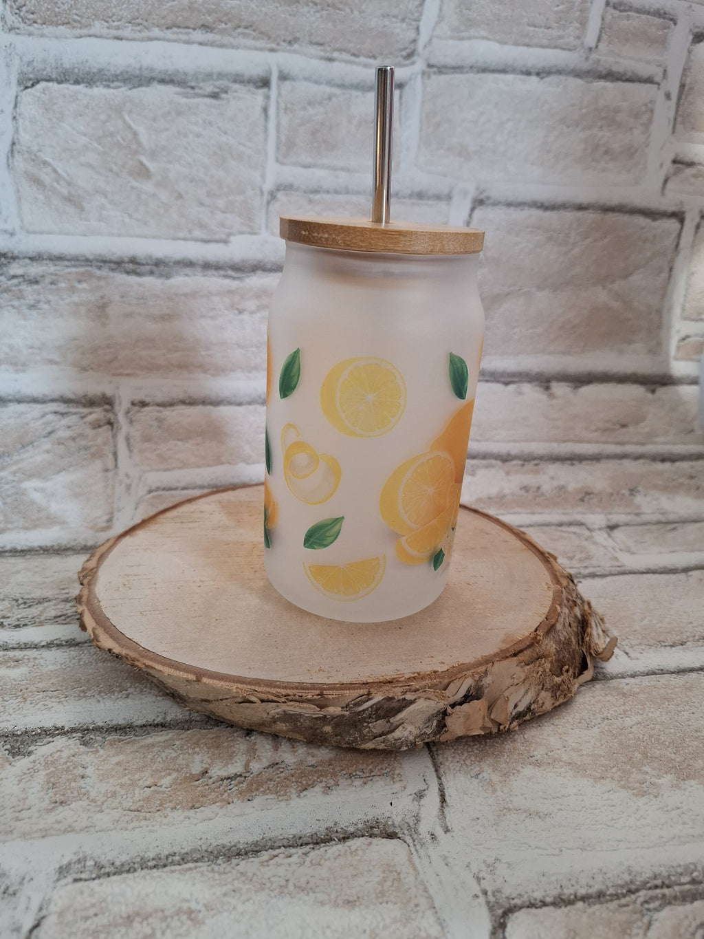 Zitronen-Motiv Glas mit Bambusdeckel & Edelstahlhalm – 400 ml Spaß für Smoothies & Co.! - AC Designs