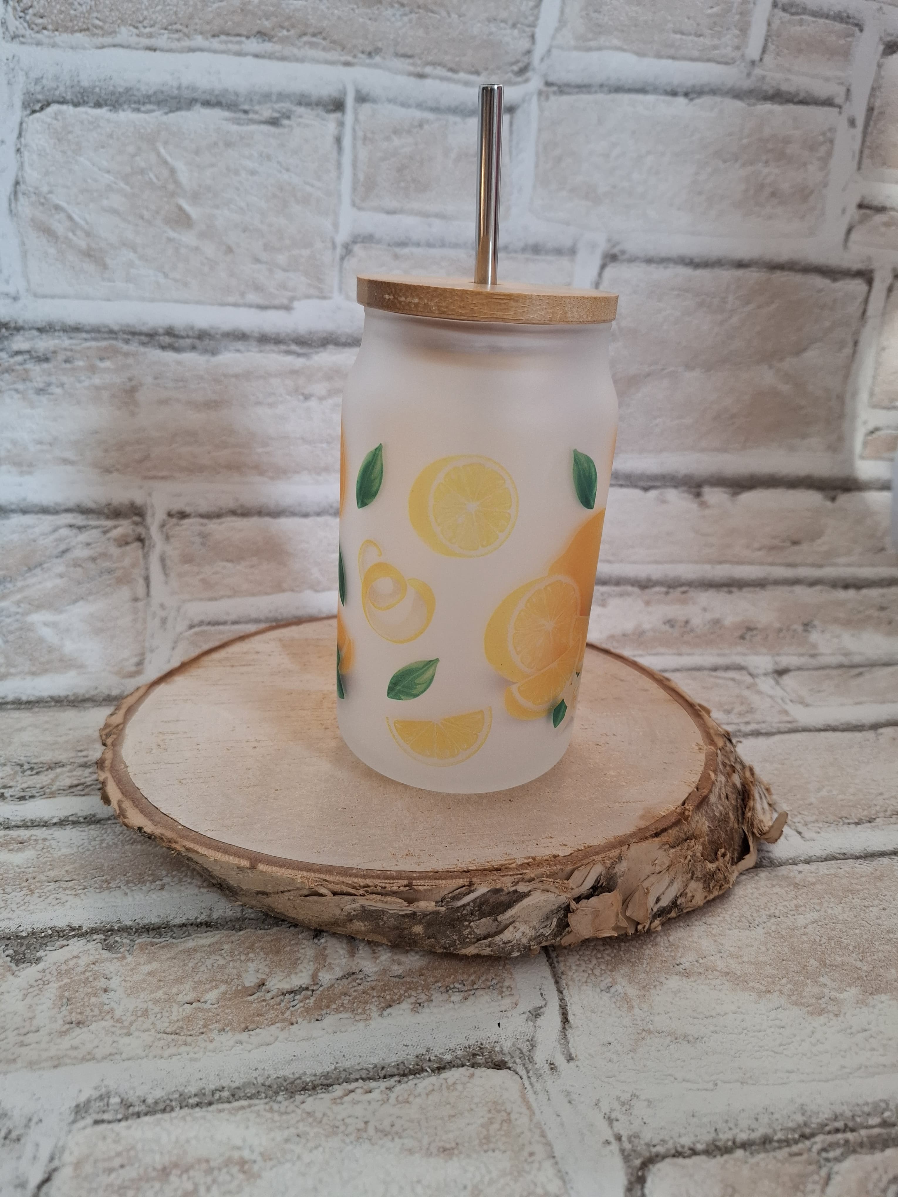 Zitronen-Motiv Glas mit Bambusdeckel & Edelstahlhalm – 400 ml Spaß für Smoothies & Co.! - AC Designs