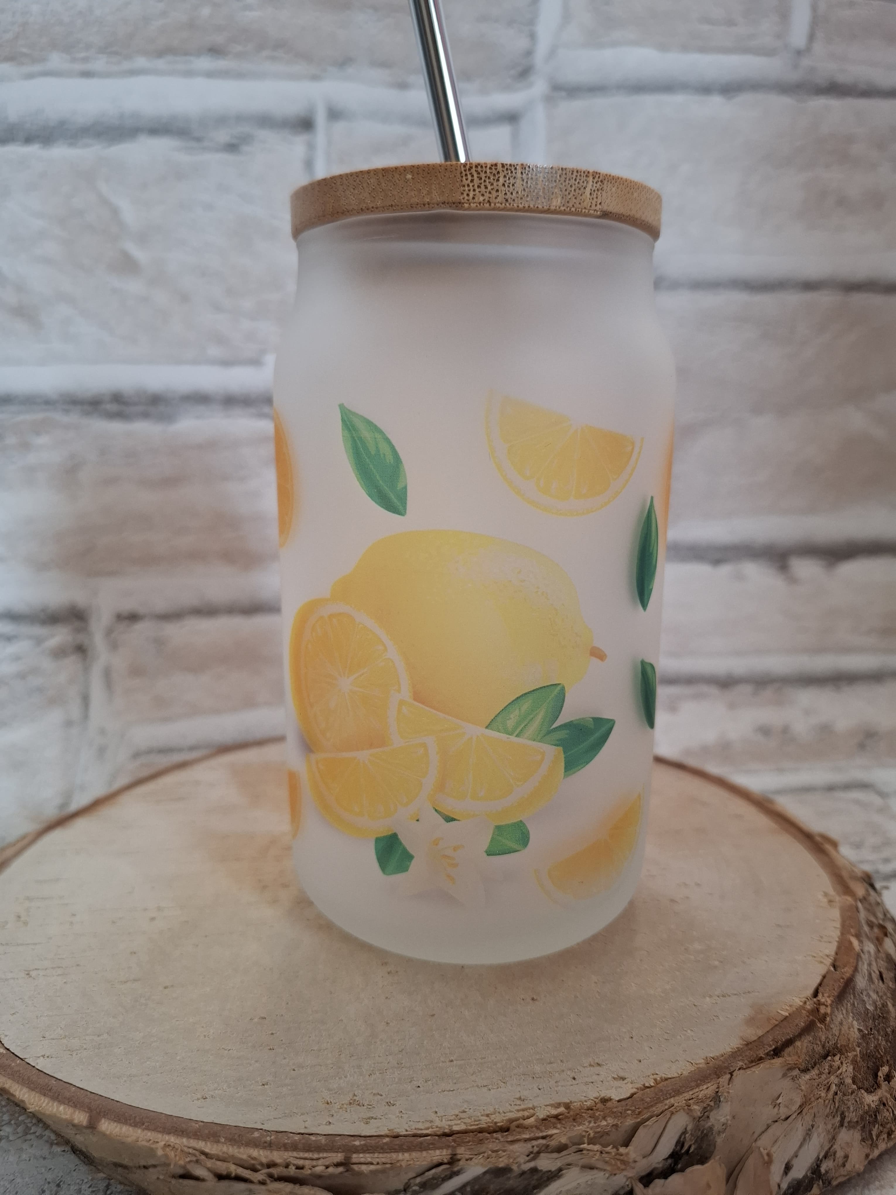 Zitronen-Motiv Glas mit Bambusdeckel & Edelstahlhalm – 400 ml Spaß für Smoothies & Co.! - AC Designs