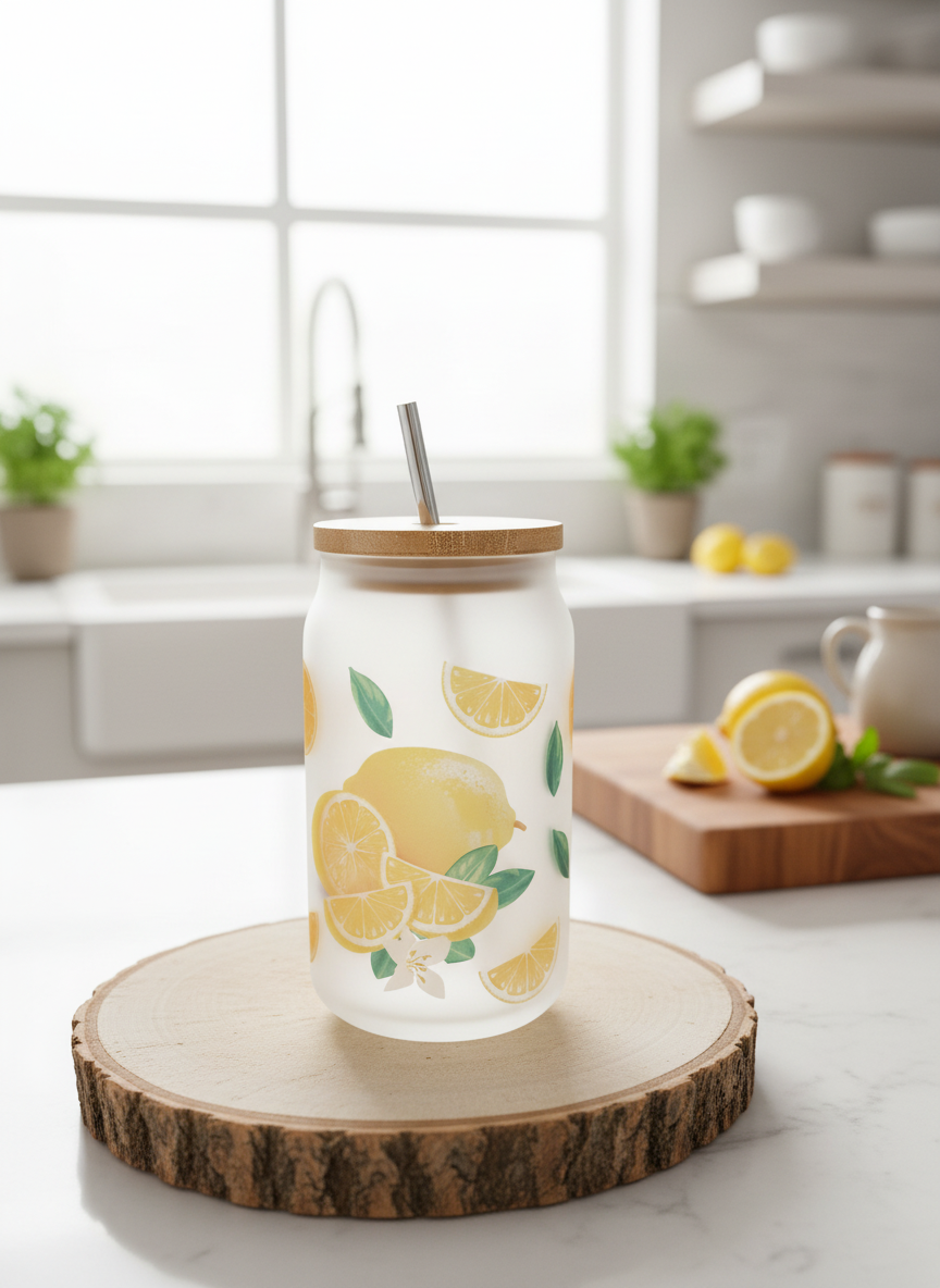 Zitronen-Motiv Glas mit Bambusdeckel & Edelstahlhalm – 400 ml Spaß für Smoothies & Co.!