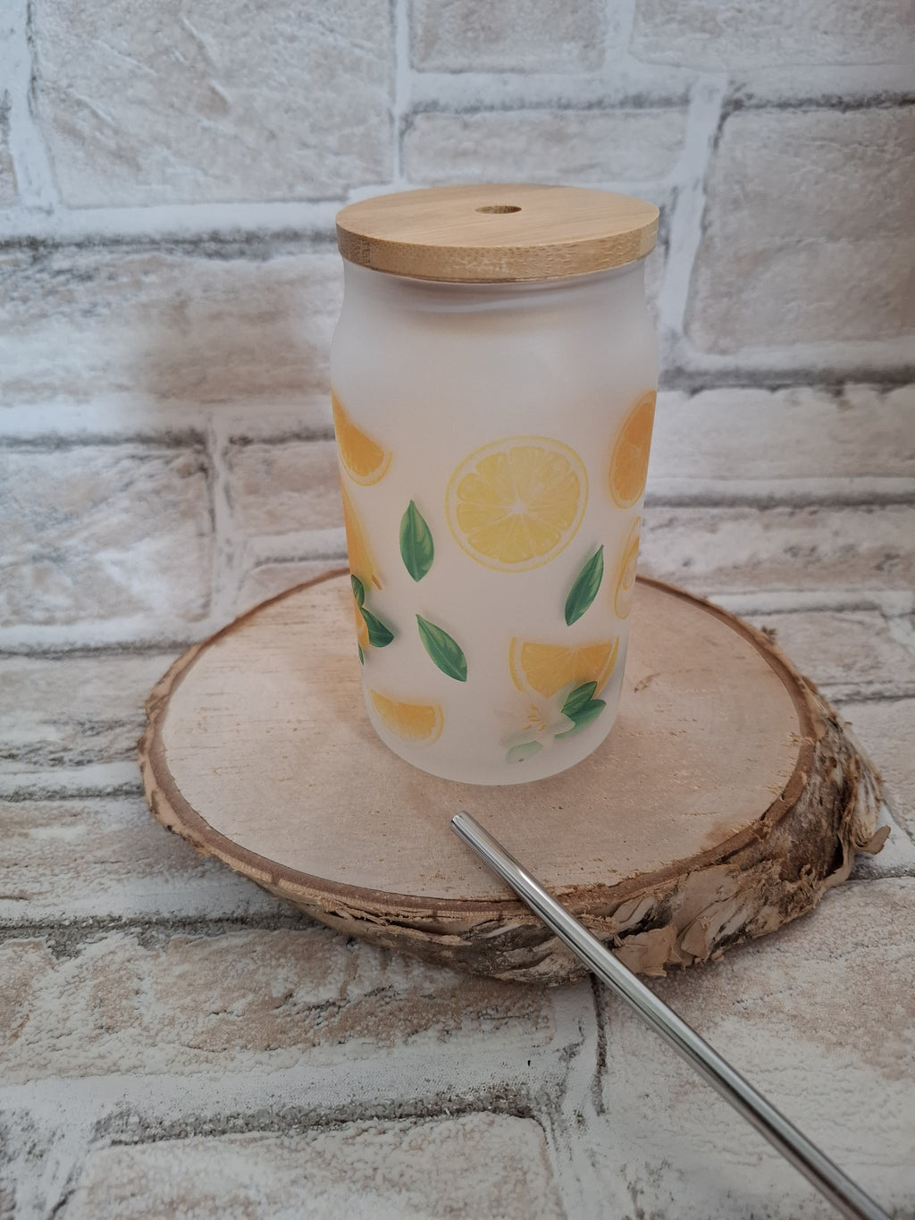 Zitronen-Motiv Glas mit Bambusdeckel & Edelstahlhalm – 400 ml Spaß für Smoothies & Co.! - AC Designs