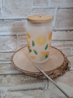 Zitronen-Motiv Glas mit Bambusdeckel & Edelstahlhalm – 400 ml Spaß für Smoothies & Co.! - AC Designs