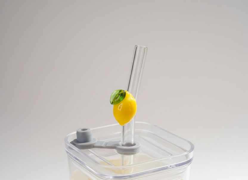Eckiges Trinkglas mit Zitronenmotiv & 2 Glasstrohhalmen – 400 ml