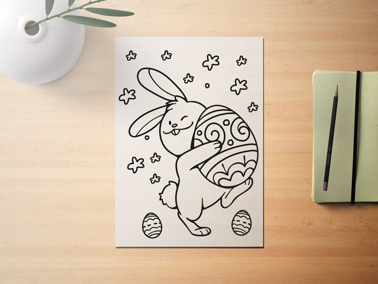 A4 Ausmalbild Download – Hase mit Osterei | Malvorlage für Kinder & DIY Printable - AC Designs