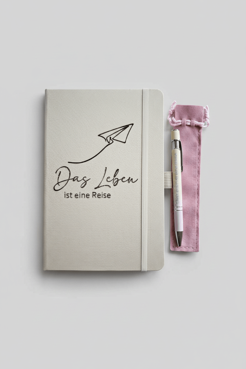A5 Notizbuch „Das Leben ist eine Reise“ graviert - RPET Cover inkl. Kugelschreiber mit Gravur - AC Designs