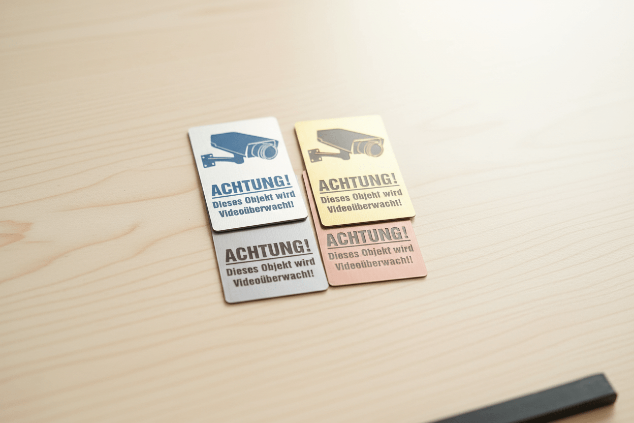 Achtung Kameraüberwachung Schild 8x5 cm | Warnschild Videoüberwachung | Gravur Schild | Silber, Gold, Roségold oder Weiß - AC Designs
