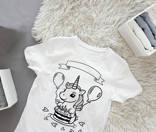 Ausmalbügelmotiv - EINHORN MIT GEBURTSTAGSKUCHEN - AC Designs