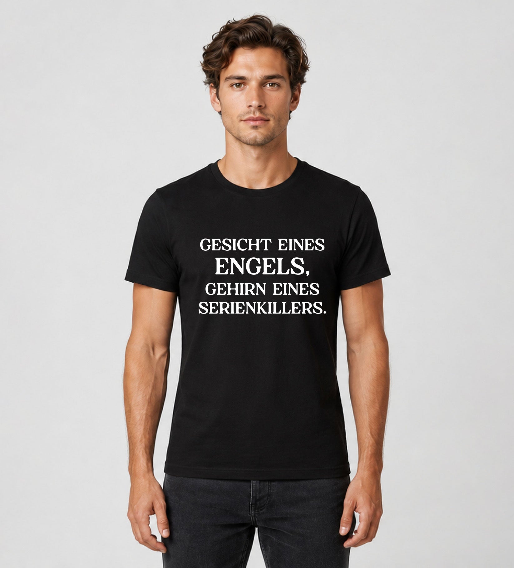 Bügelmotiv „Gesicht eines Engels, Gehirn eines Serienkillers“ - Sarkastischer Spruch in Schwarz oder Weiß - AC Designs