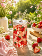 Eckiges Erdbeer-Glasbecher mit Deckel & Strohhalm - 400 ml, auslaufsicher & langlebig - AC Designs