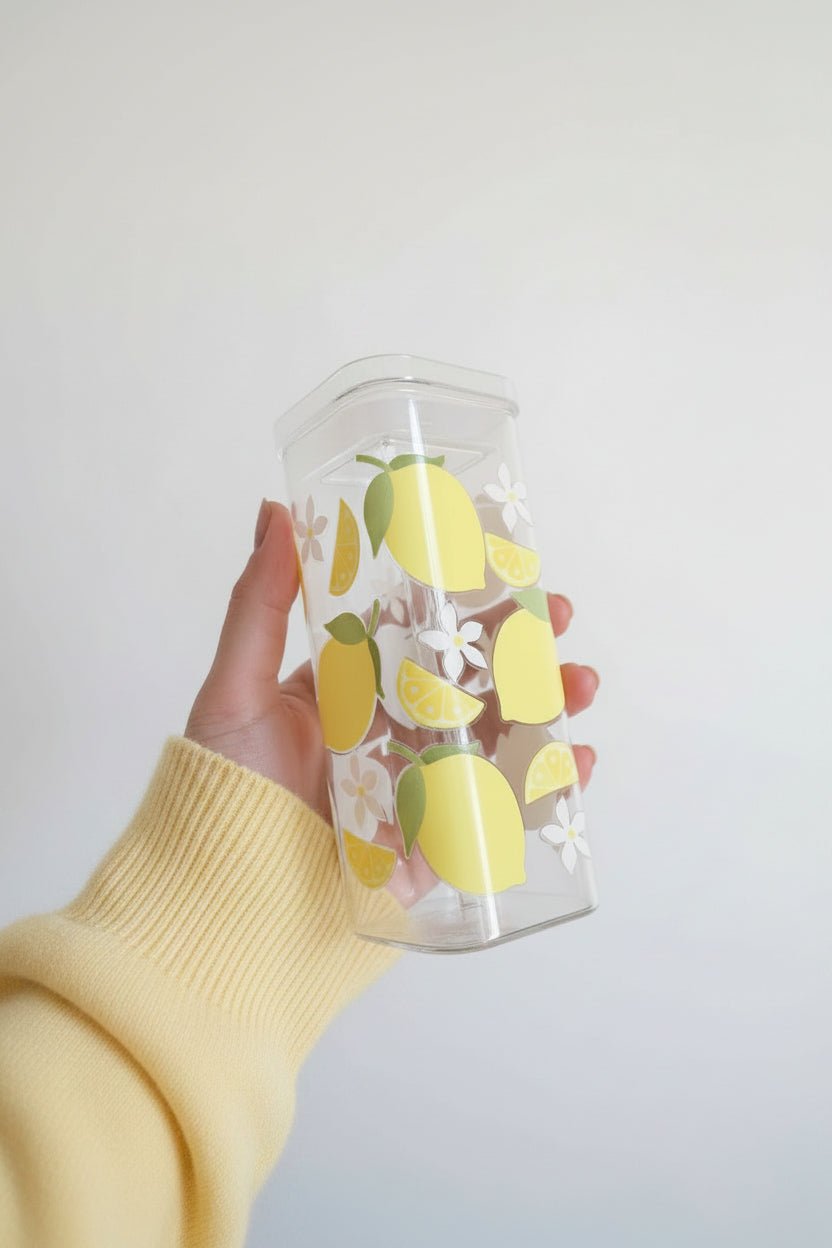 Eckiges Trinkglas mit Zitronenmotiv & 2 Glasstrohhalmen – 400 ml - AC Designs