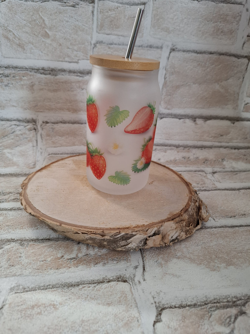 Erdbeer-Träume Glas mit Bambusdeckel & Edelstahlhalm – 400 ml fruchtiger Genuss für Smoothies & mehr! - AC Designs