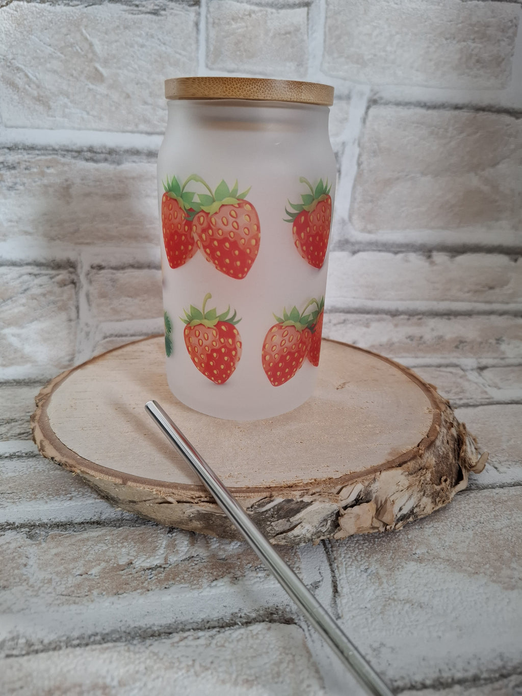Erdbeer-Träume Glas mit Bambusdeckel & Edelstahlhalm – 400 ml fruchtiger Genuss für Smoothies & mehr! - AC Designs