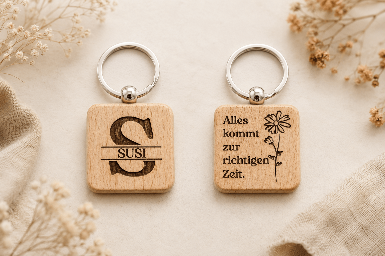 Gravierter Holz Schlüsselanhänger personalisiert | Initiale mit Name | Geschenk für Herzensmenschen - AC Designs