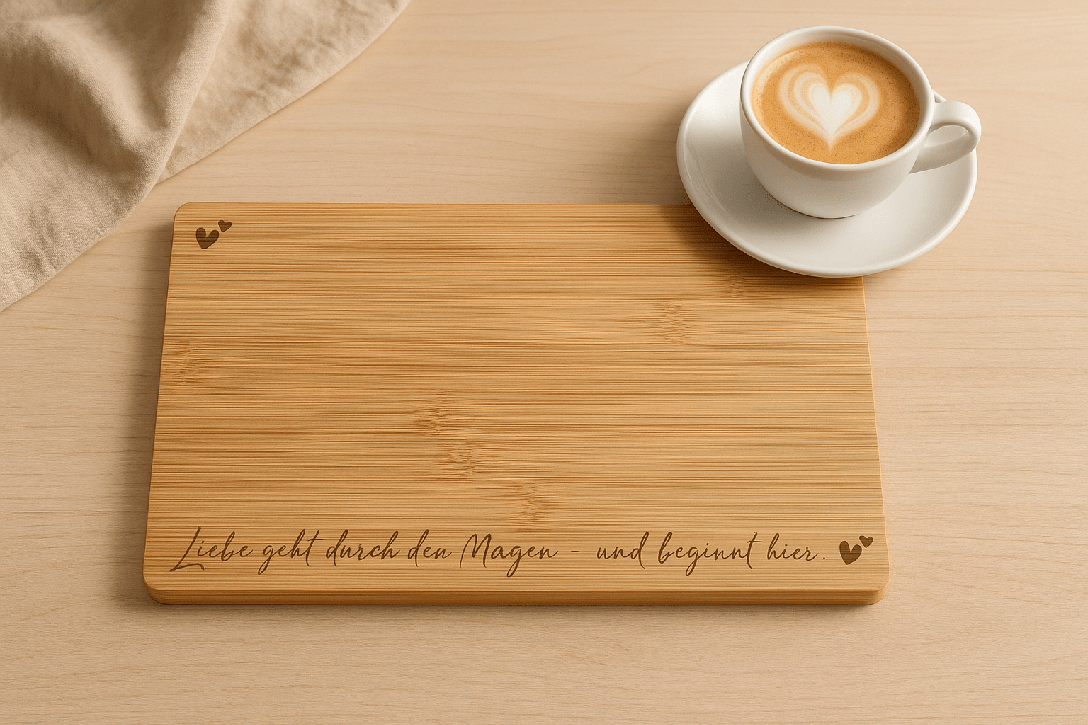 Graviertes Bambus Schneidebrett „Liebe geht durch den Magen“ – Frühstücksbrett 23 x 15 cm - AC Designs