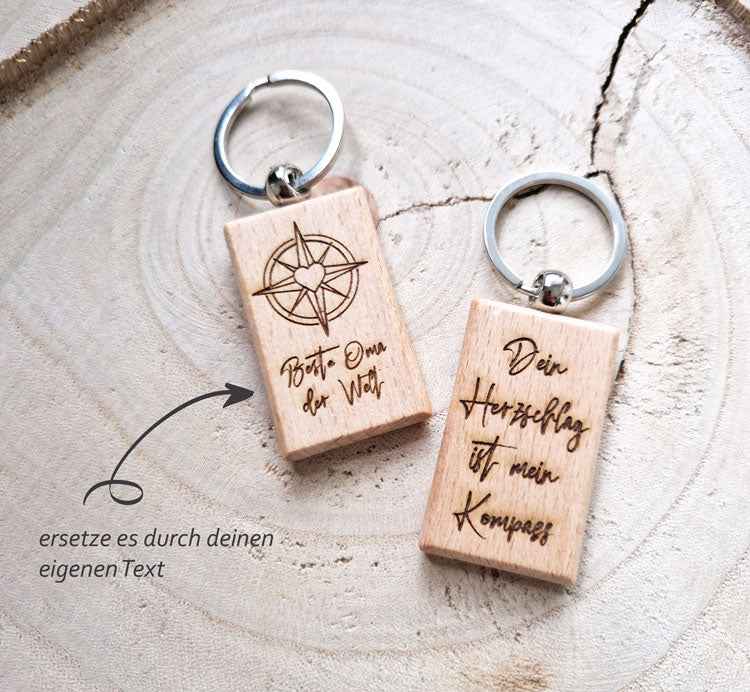 Holz Schlüsselanhänger mit Gravur – „Dein Herzschlag ist mein Kompass“ | Geschenkidee für Partner, Freunde & Familie - AC Designs