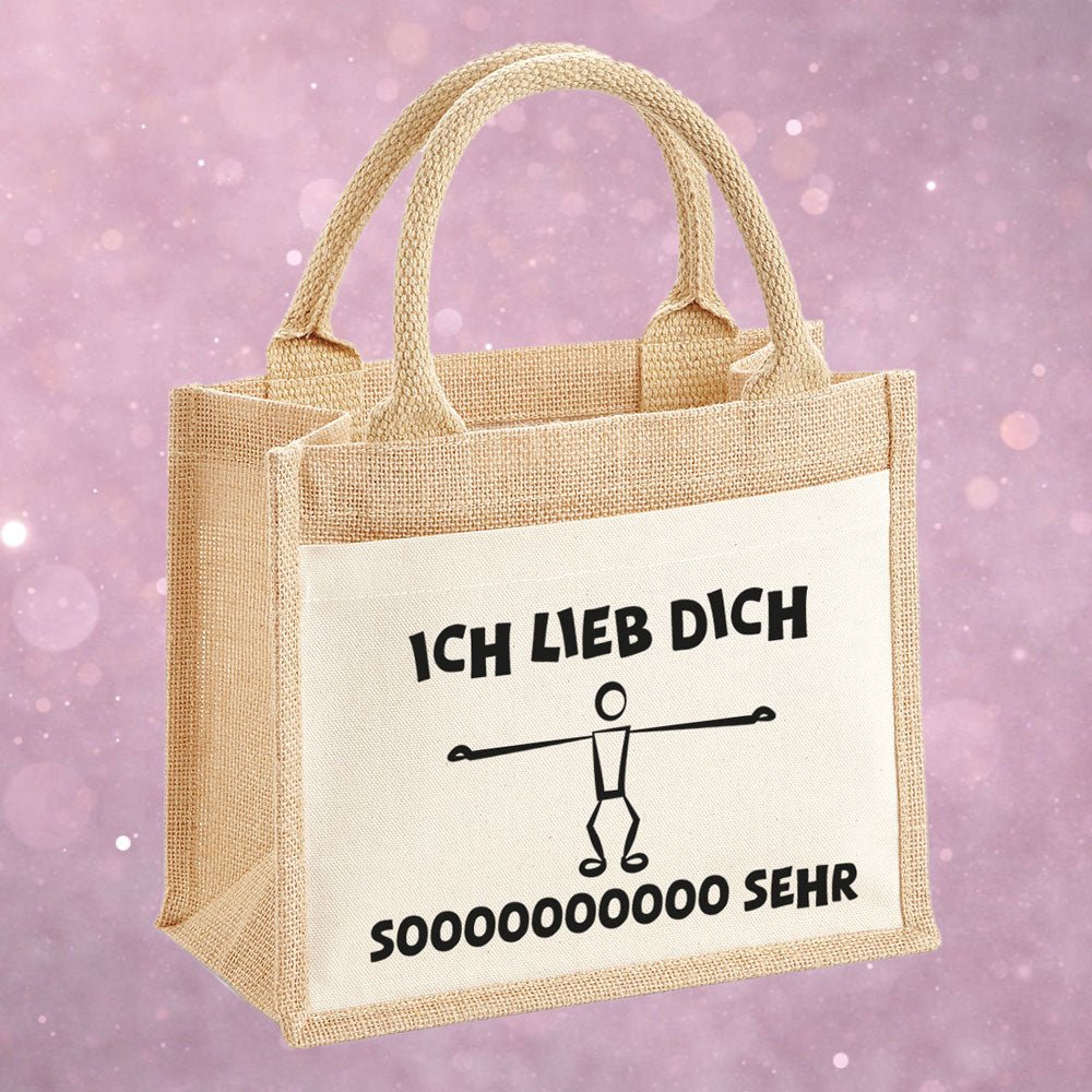 Jutebeutel klein mit Spruch 'Ich lieb dich so sehr' – 6 Liter, 26x22x14 cm – Öko-Tasche aus Baumwolle & Jute – Liebesgeschenk für Valentinstag & Alltag - AC Designs
