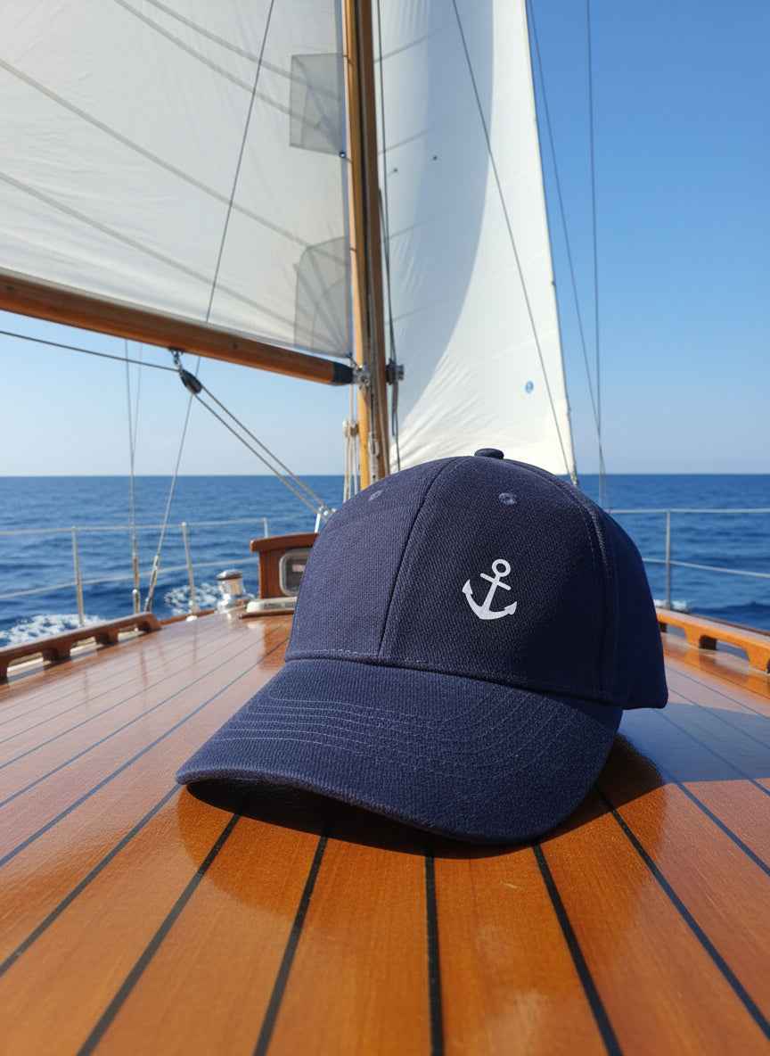 Klassische 6 - Panel Cap aus schwerer Baumwolle in Navy – Verstellbare Unisex Basecap mit Anker - Druck - AC Designs