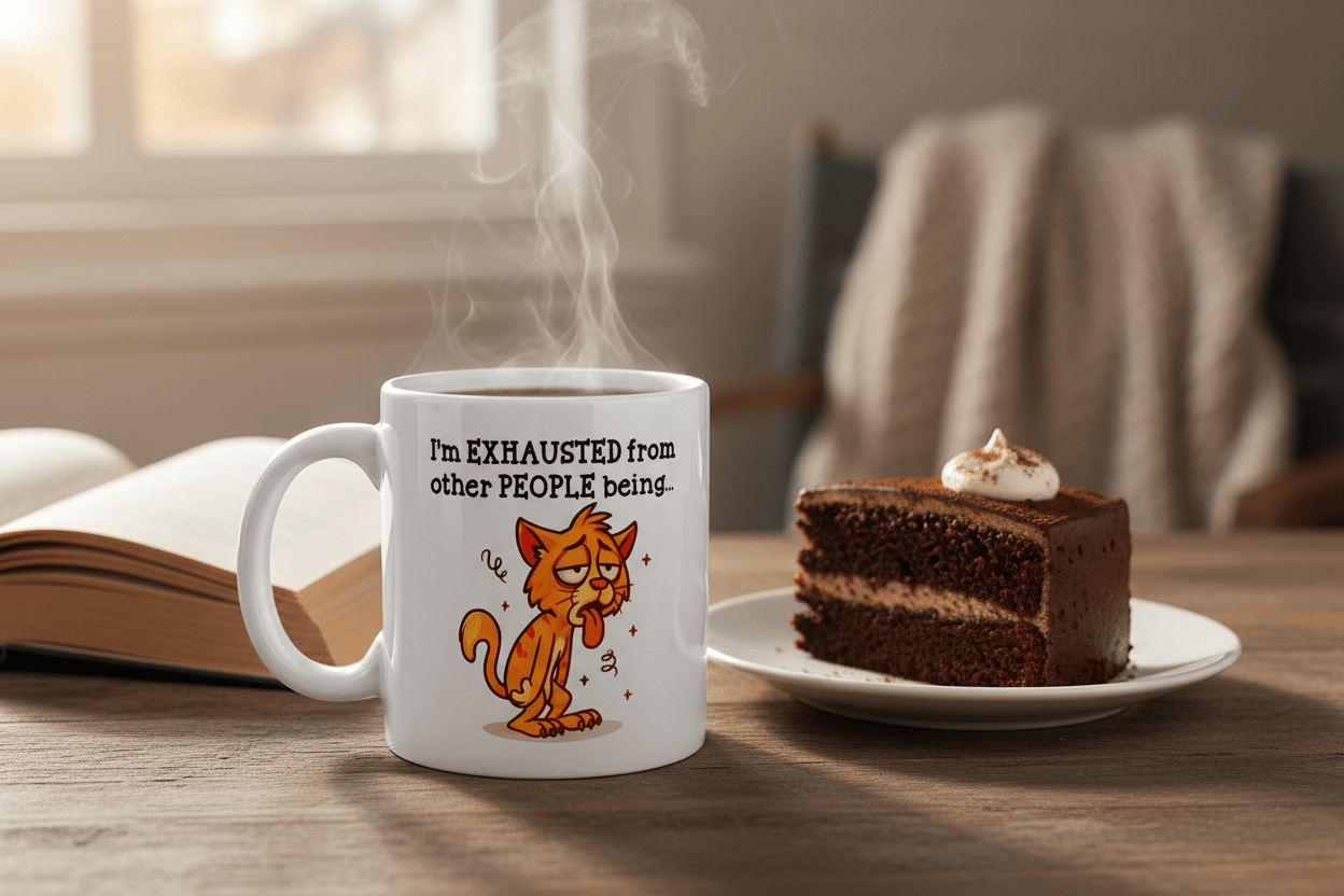 Lustige Katzen Tasse - „Ich bin erschöpft von anderen Menschen“ - Geschenk für Büro, Home Office & Katzenfans - AC Designs