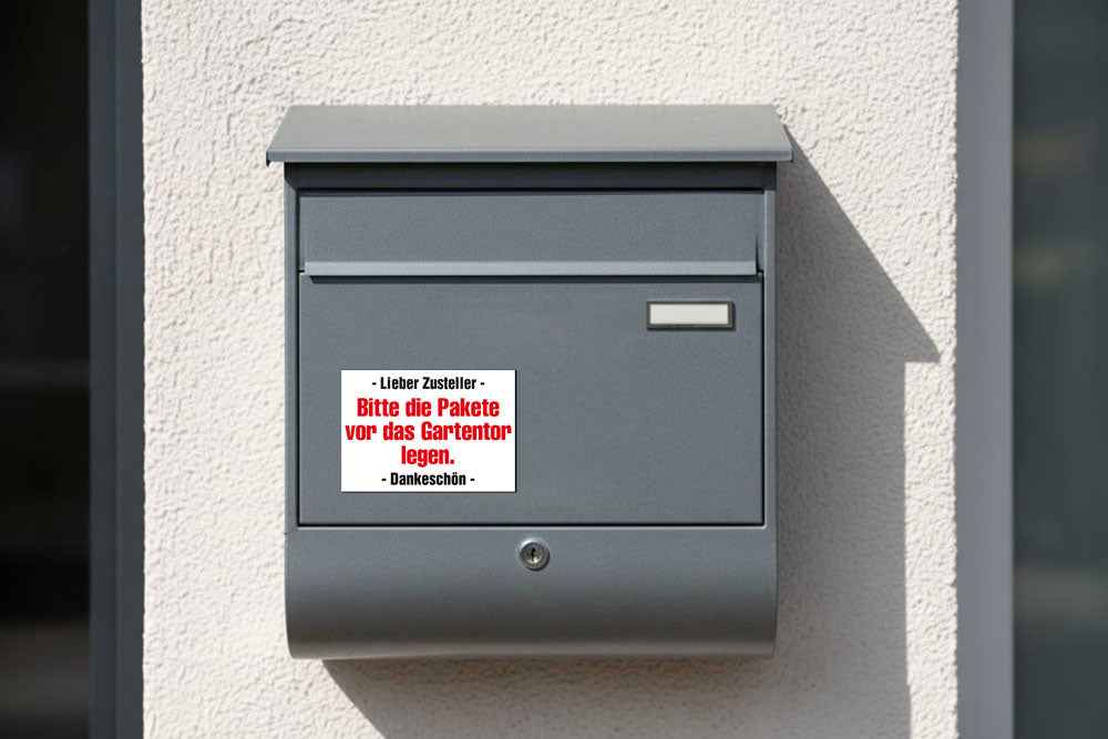 Magnetschild Briefkasten 10x7 cm – Bitte Pakete vor das Gartentor legen - wetterfestes Hinweisschild - AC Designs