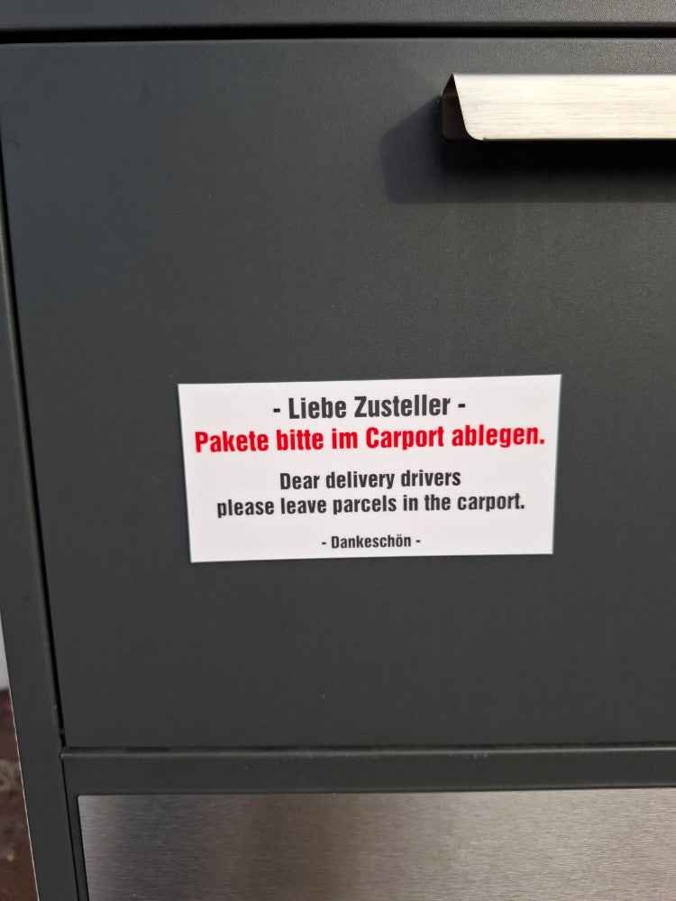 Magnetschild für Paketablage im Carport 14 x 7 cm - Hinweis für Zusteller Deutsch & Englisch - AC Designs