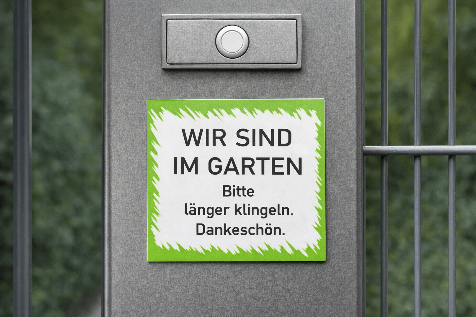 Magnetschild „Wir sind im Garten – bitte länger klingeln“ | 9 × 10 cm | Magnet für Zaun & Haustür - AC Designs