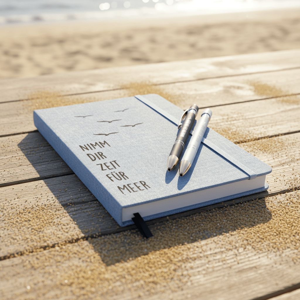 Notizbuch mit Gravur "Zeit für Meer" – A5 Set mit Kugelschreiber | Personalisierbar mit Namen - AC Designs