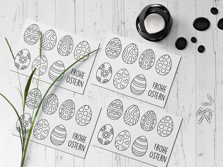 Osterkarte A6 zum Ausdrucken - 4er Set DIY Postkarten mit Ostereiern für Kinder - AC Designs