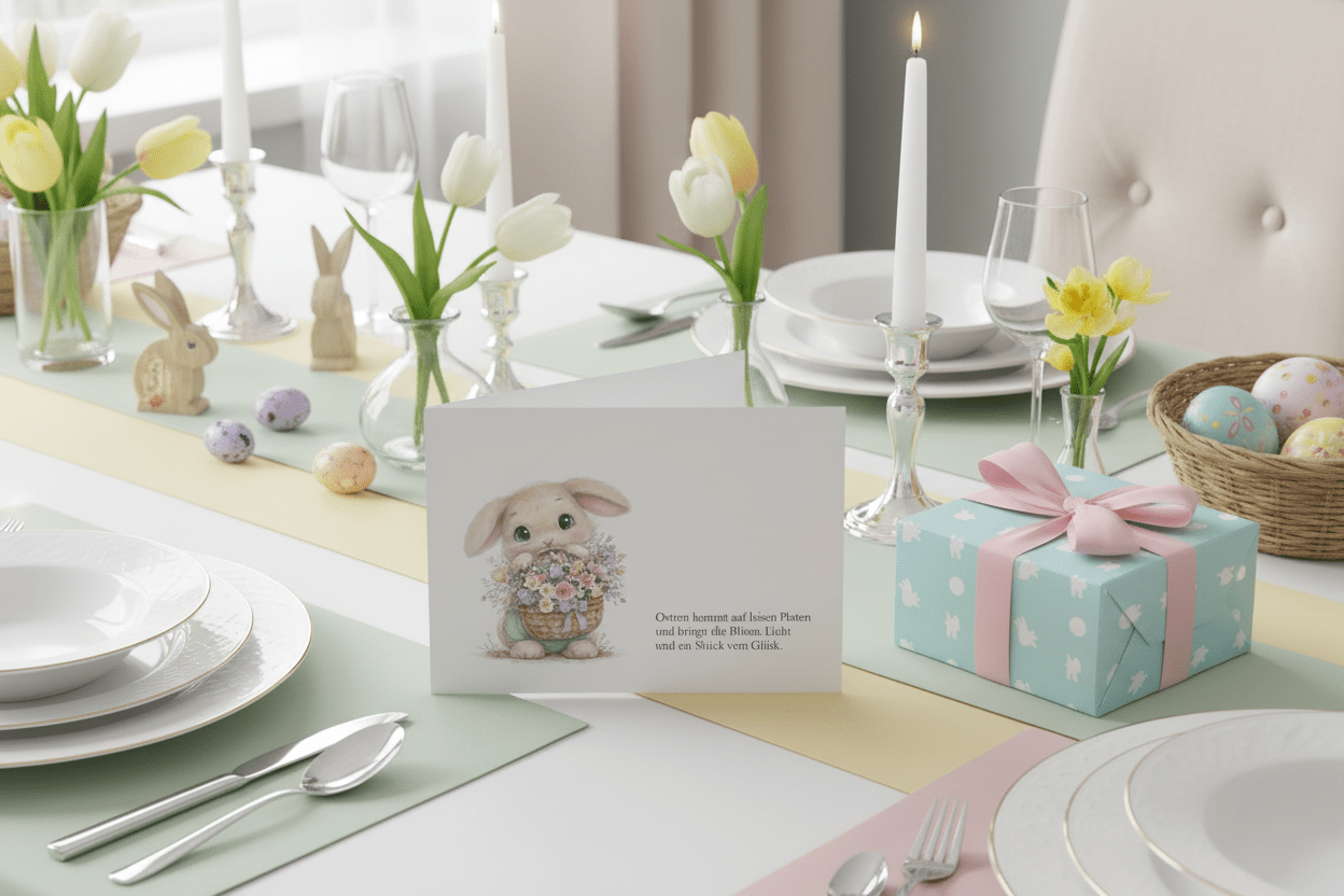 Osterkarte A6 zum Ausdrucken - Printable Klappkarte Download mit süßem Hasen & Blumen - AC Designs