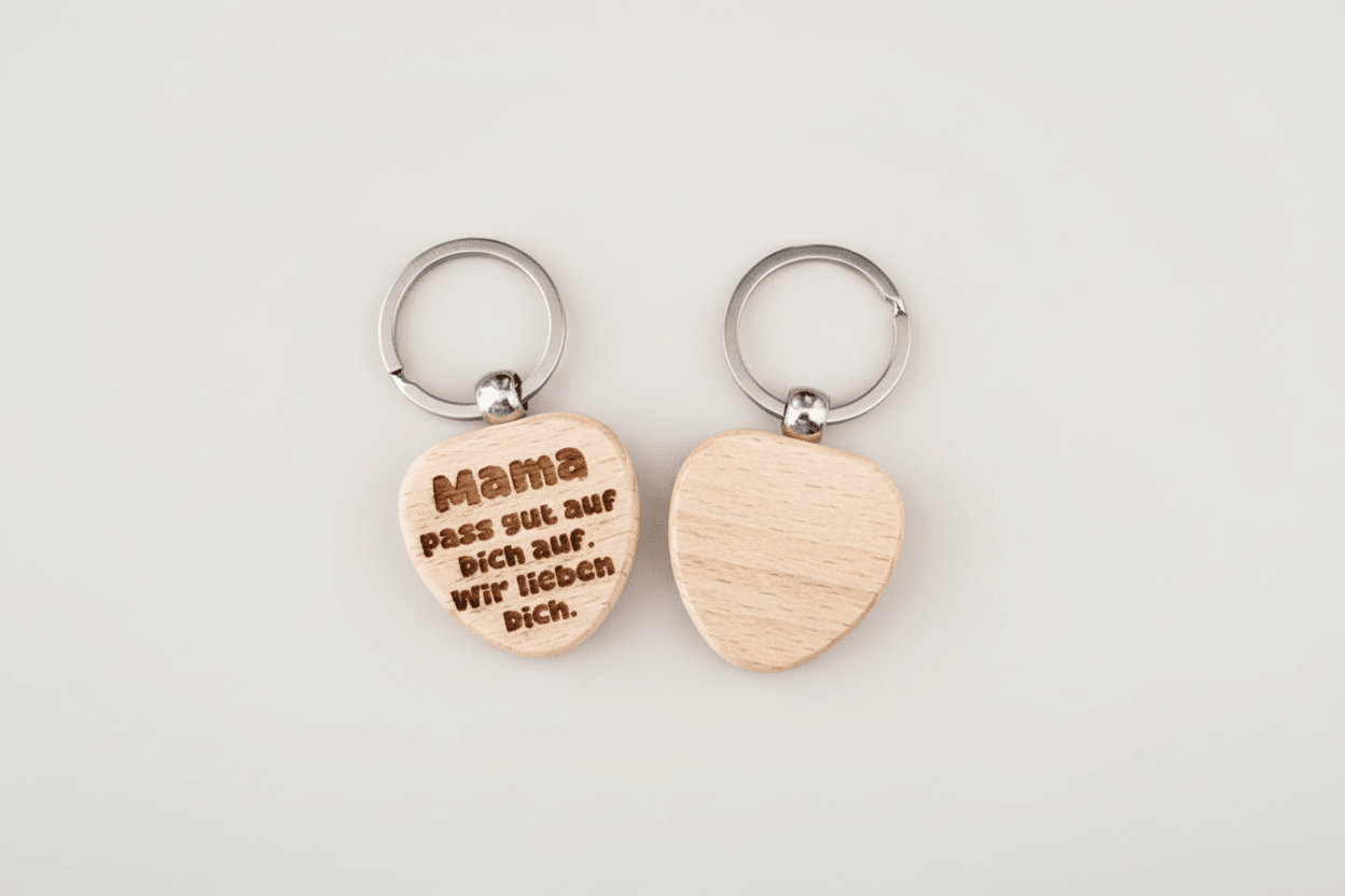 Personalisierter Holz Schlüsselanhänger Mama - „Mama, pass gut auf dich auf. Wir lieben dich." – Gravur Buche, Made in Germany - AC Designs