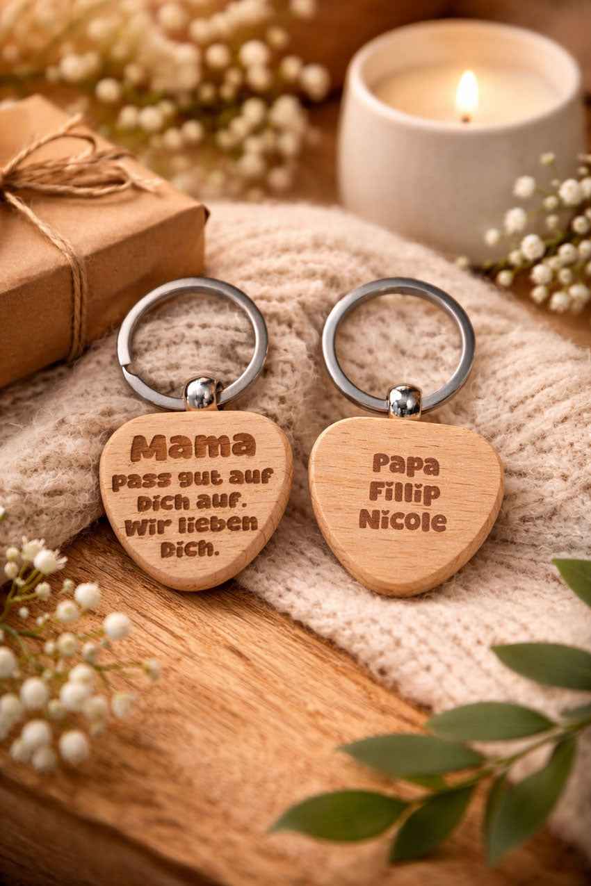 Personalisierter Holz Schlüsselanhänger Mama - „Mama, pass gut auf dich auf. Wir lieben dich." – Gravur Buche, Made in Germany - AC Designs