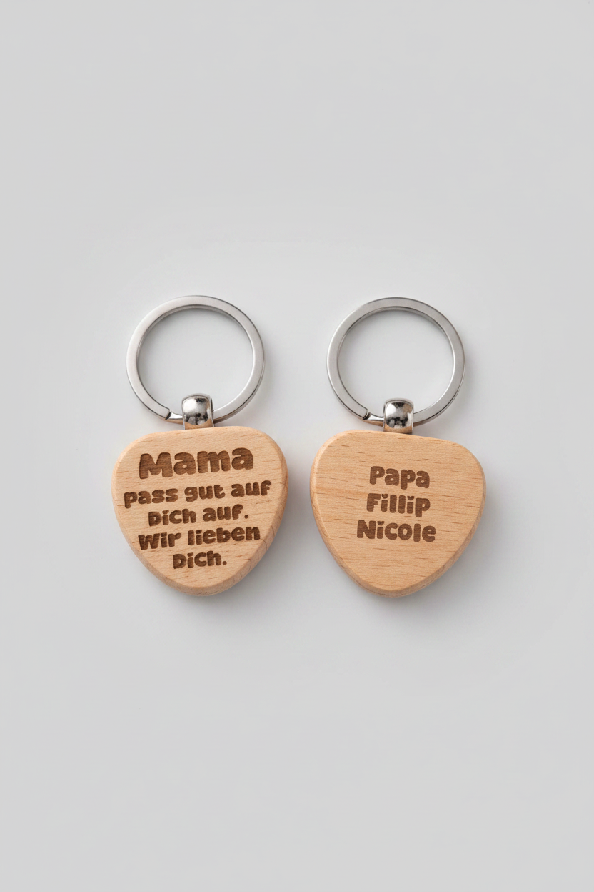 Personalisierter Holz Schlüsselanhänger Mama - „Mama, pass gut auf dich auf. Wir lieben dich." – Gravur Buche, Made in Germany