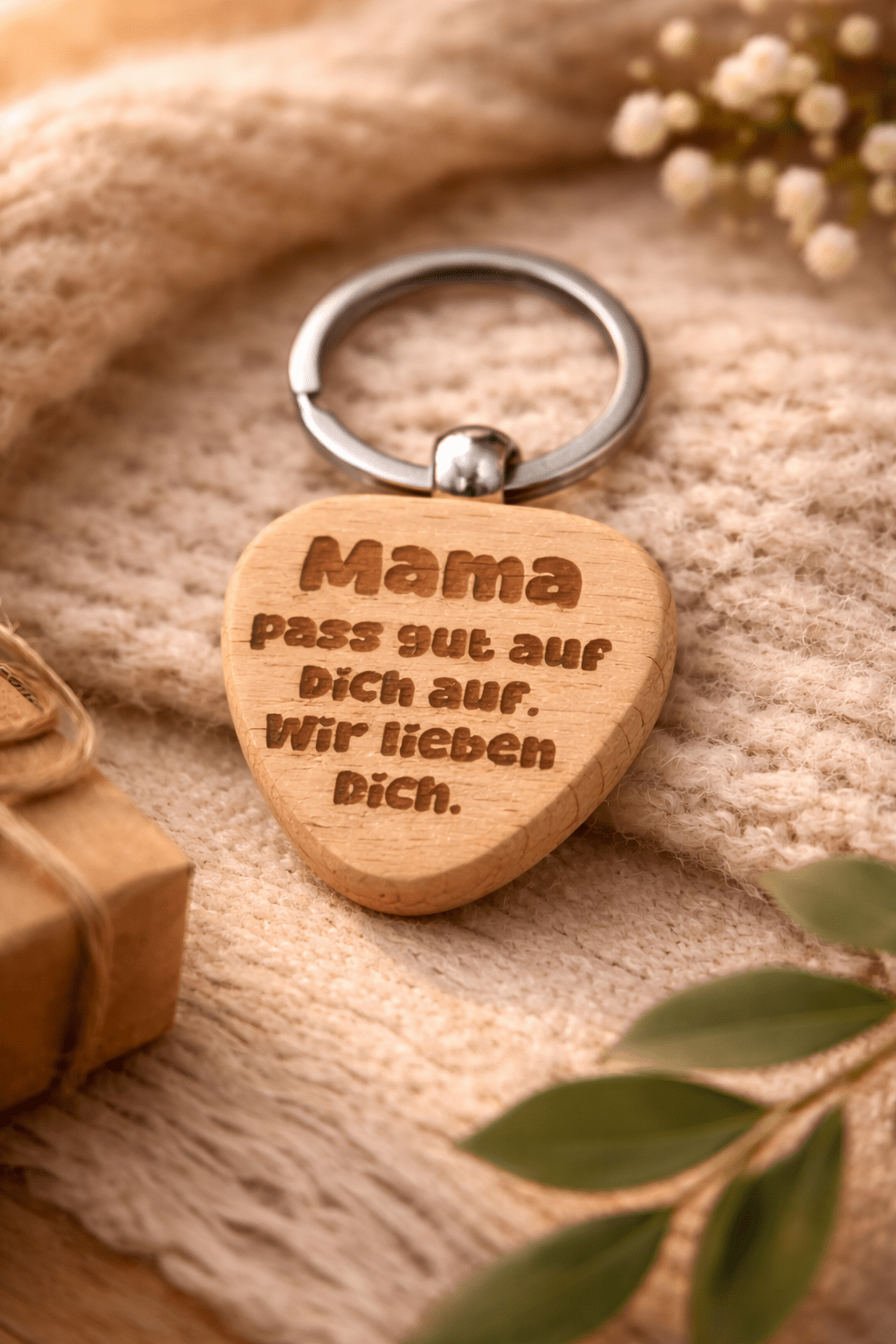 Personalisierter Holz Schlüsselanhänger Mama - „Mama, pass gut auf dich auf. Wir lieben dich." – Gravur Buche, Made in Germany - AC Designs